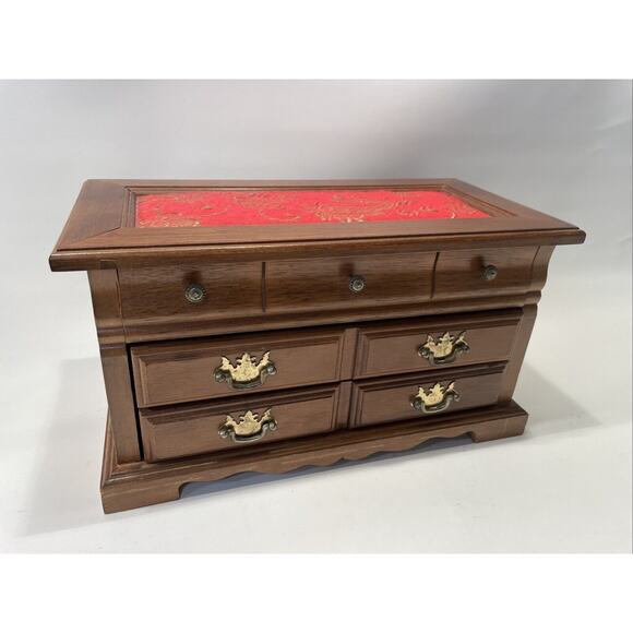 Vintage Two Drawer Oak Wood Jewelry Box with Brocade Fabric Top Beautiful - Picture 1 of 11